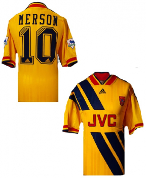 Adidas Arsenal London Trikot 10 Paul Merson Equipment JVC 1993/94 auswärts gelb Herren L