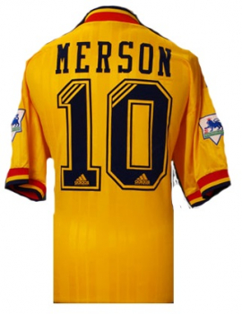 Adidas Arsenal London Trikot 10 Paul Merson Equipment JVC 1993/94 auswärts gelb Herren L