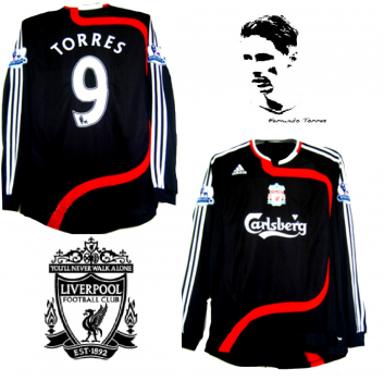 Adidas FC Liverpool Trikot 9 Fernando Torres 2007/08 Matchworn vs Sunderland schwarz langarm Herren XL