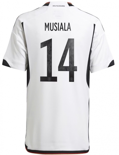 Adidas Alemania camiseta 14 Jamal Musiala Copa del Mundo 2022 blanco/negro nuevo senor M