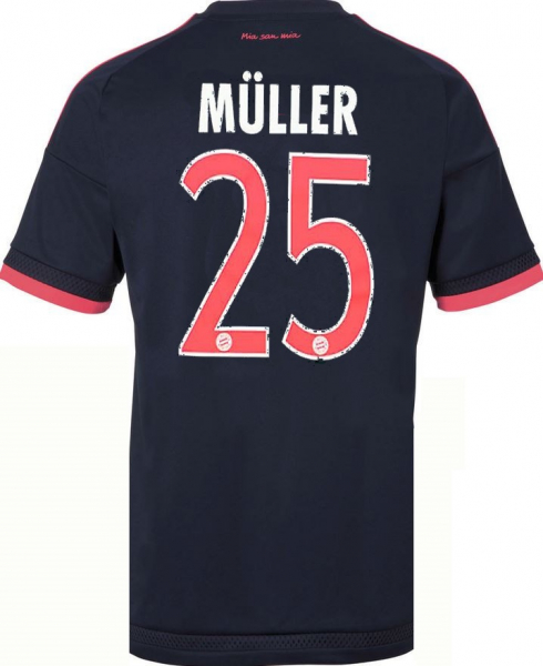 Adidas FC Bayern München Trikot 25 Thomas Müller 2015/16 auswärts dunkelblau/pink Herren M oder L